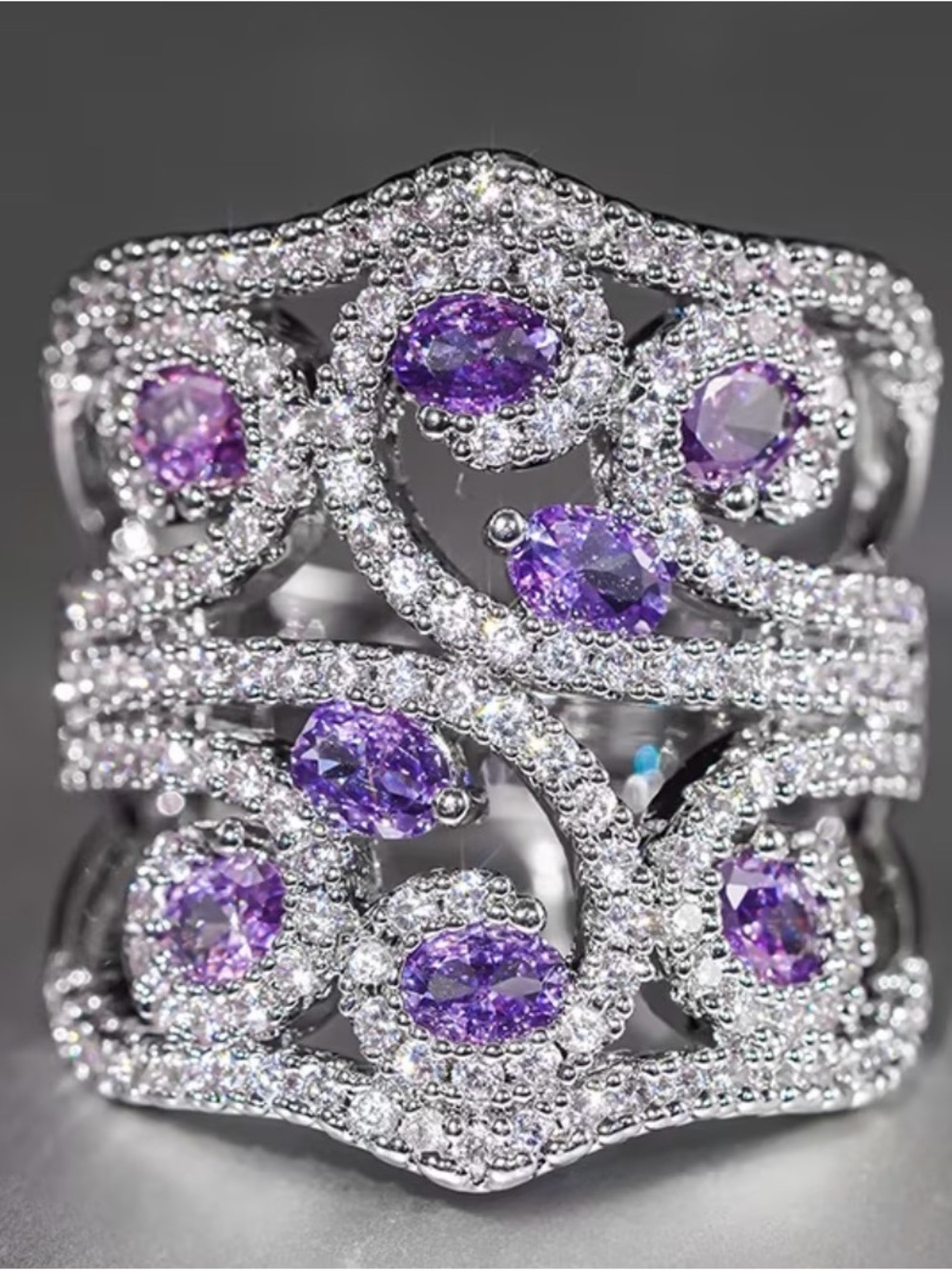 White 18K Gold Plated Purple Synthetic Amethyst Thick Ring